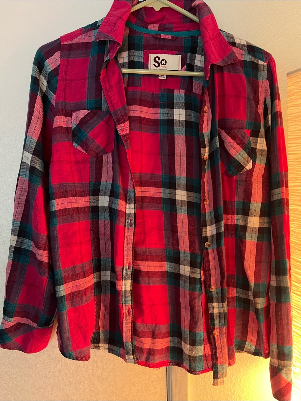 SO Pink Plaid Button-Down Shirt with Blue, white, and Black Accents